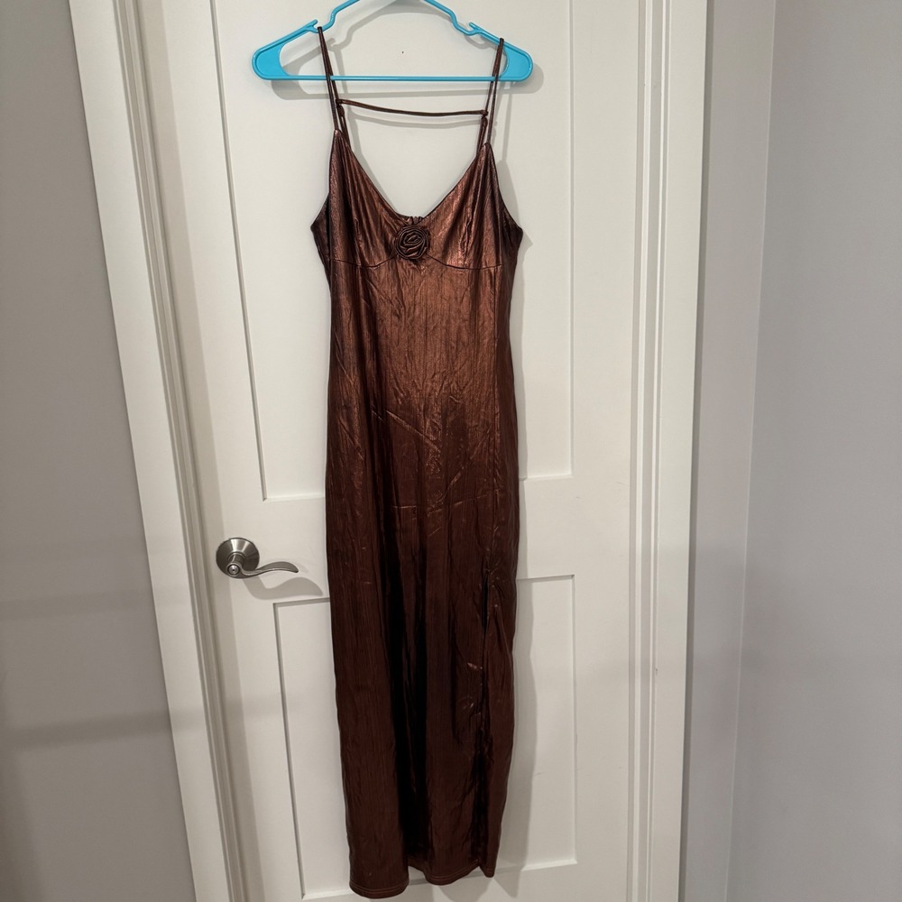 Emerson Lang Bronze Metallic Rosette Maxi Dress V-Neck Side Slit Size Large